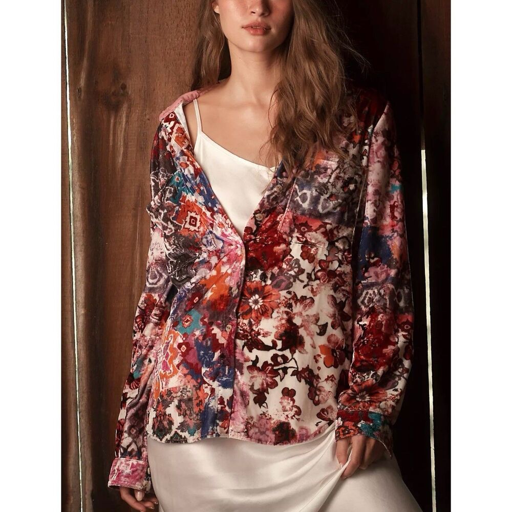 Anthropologie Pilcro Hadley Velvet Relaxed Buttondown Shirt Sz Small Pink Floral
